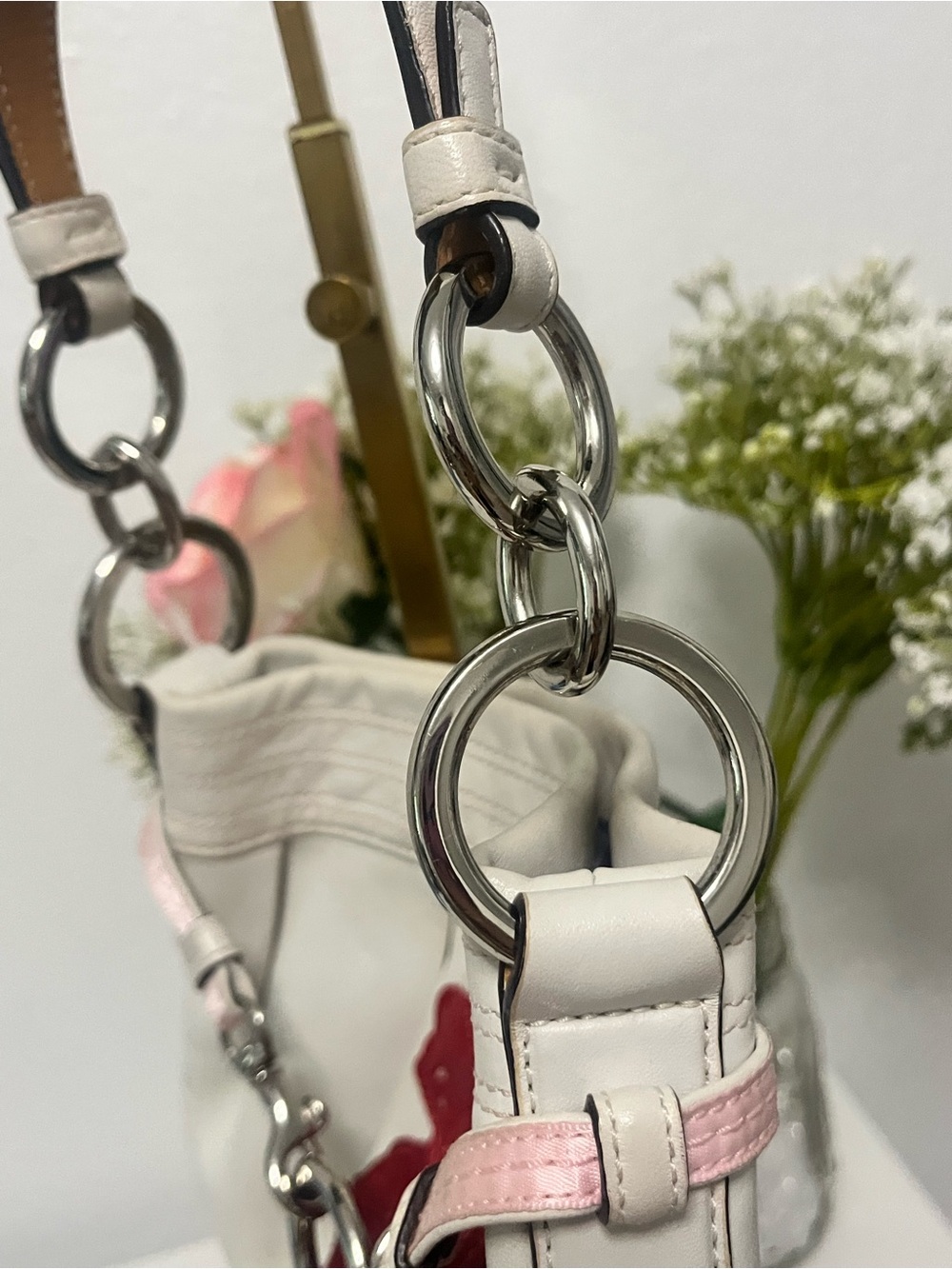 Coach White Shoulder Bag with Red and Pink Floral Appliqué - Picture 11 of 12